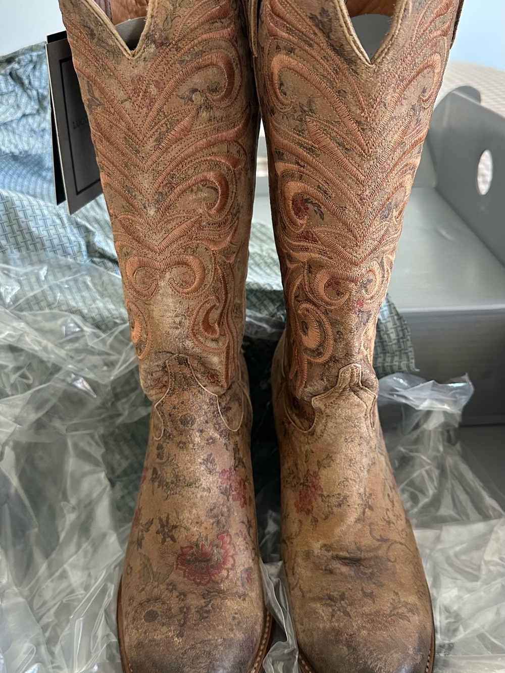Lucchese Floral Embroidered Western Boots - Brown with Pink Accents